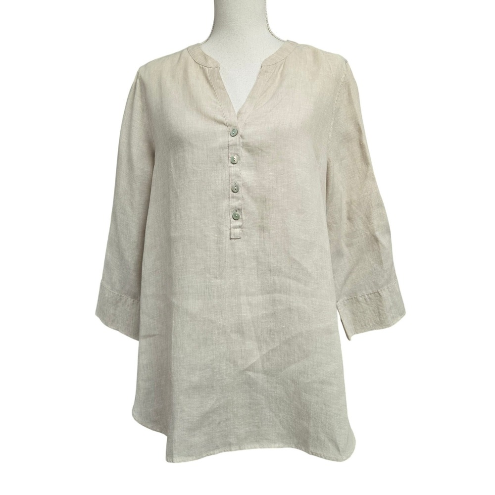Chicos  100% Linen Tunic‎ Top V-Neck 3/4 Sleeve Button Front Beige Women's Sz 10